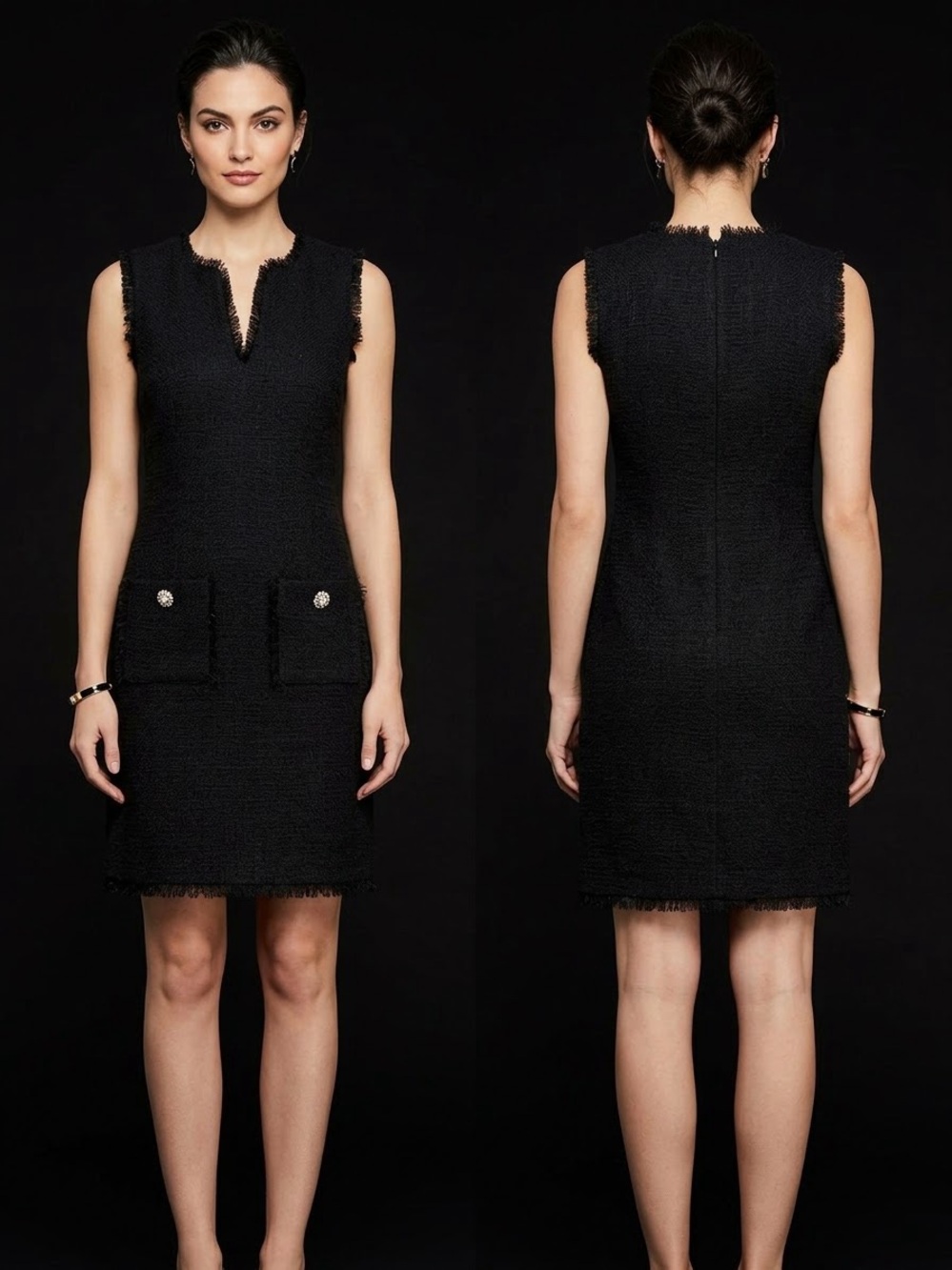 Karl Lagerfeld Black Sleeveless Tweed Shift Dress with Pocket Buttons